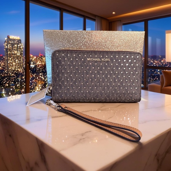 Michael Kors Handbags - Michael Kors NWT Brown Perforated Gold Stars Multi-Function Wristlet (P218)